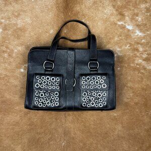 Furla Black Leather Grommet Satchel Bag Made in Italy, Pebbled Leather Tote with